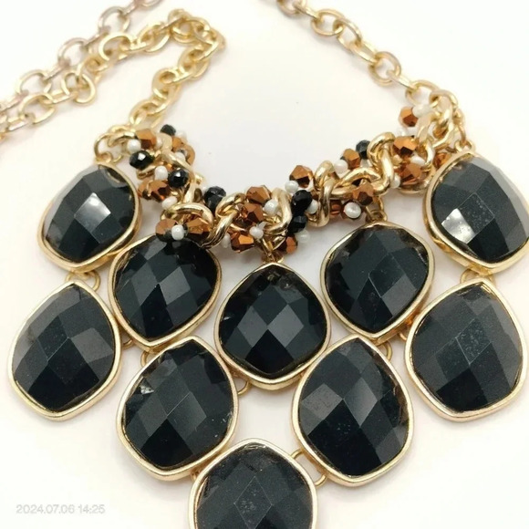 Unsigned Gold Tone Black Cabochons Bib Style Link Necklace Boho - Picture 1 of 6